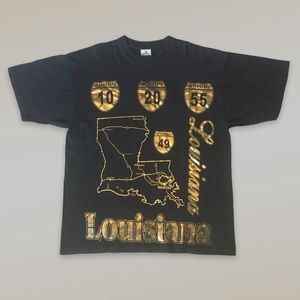 Vintage Y2K Louisiana Destination Highway Gold Print Short Sleeve T-Shirt